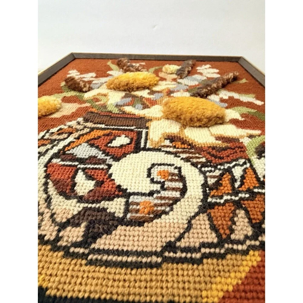 VTG Completed Needlepoint Crewel Large Stitchery Indian Heritage Bouquet 70s Art
